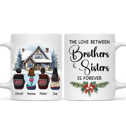 Brother Sisters Watercolor Christmas House Personalized Mug, Christmas Gift for Siblings