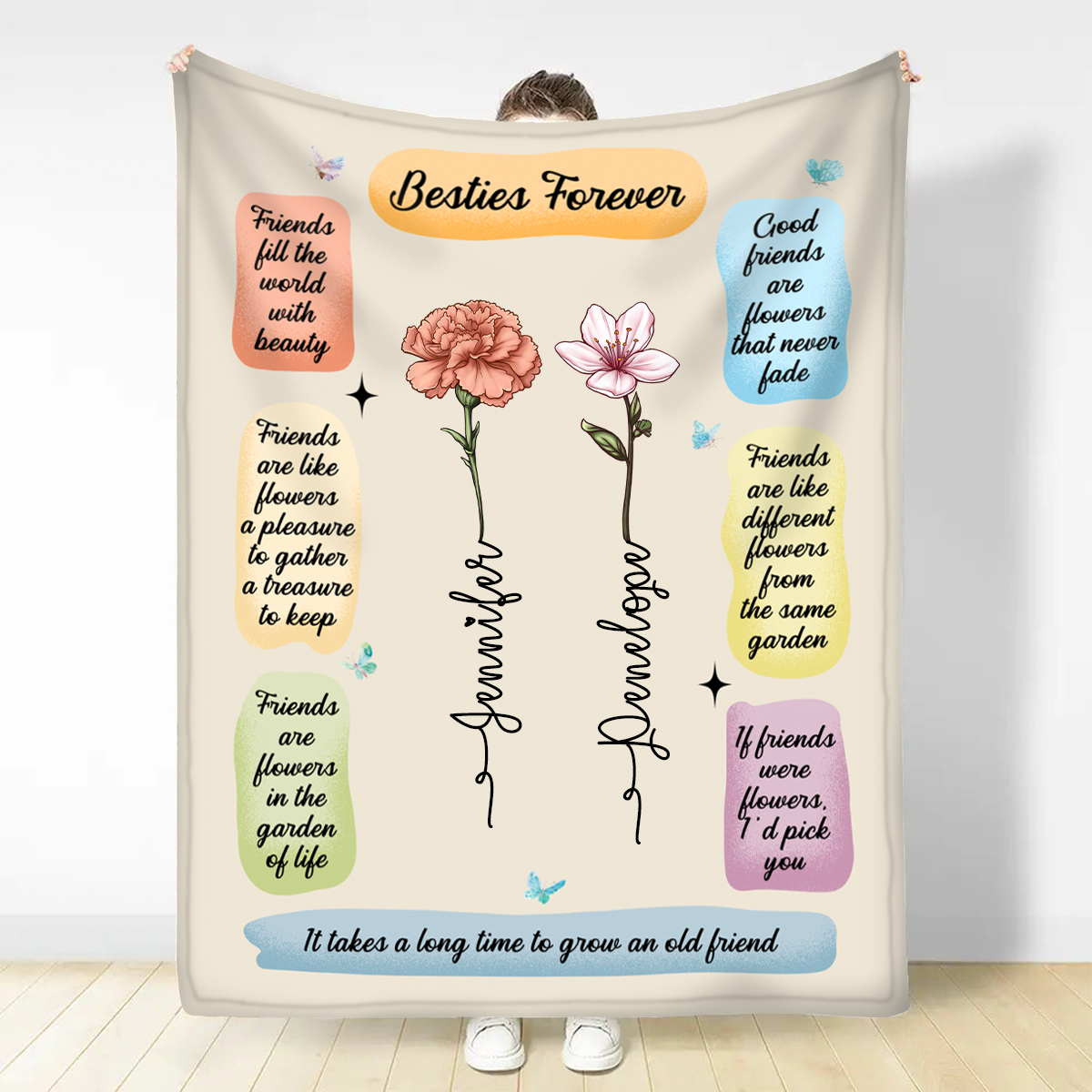 Birth Flower Besties Forever Grow An Old Friend - Personalized Fleece Blanket