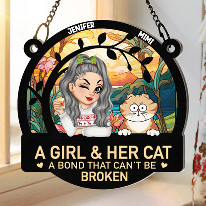 A Girl And Her Cats A Bond That Can't Be Broken Turban Woman - Personalized Window Hanging Suncatcher Ornament