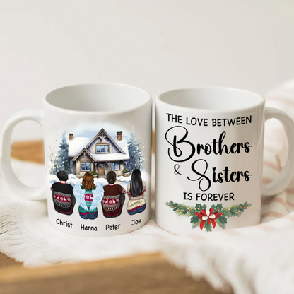 Brother Sisters Watercolor Christmas House Personalized Mug, Christmas Gift for Siblings