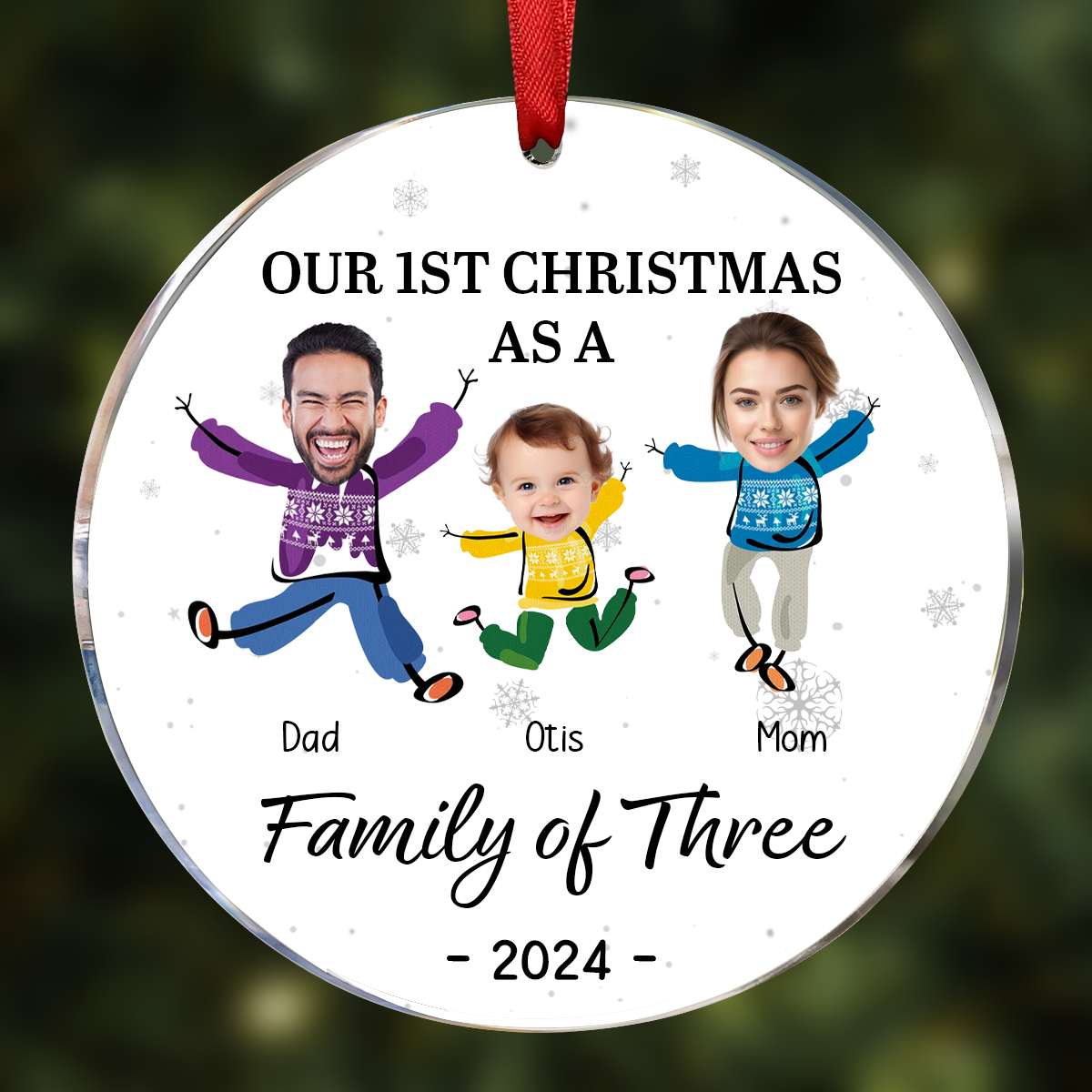 Custom Photo Our First Christmas As A Family Of Three - Personalized Circle Acrylic Ornament