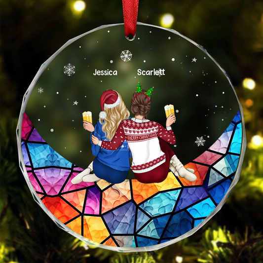 Christmas Besties Sister Sitting On The Moon - Personalized Circle Ornament