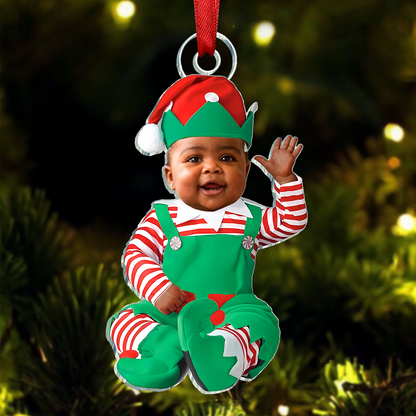 Adorable Newborn Baby Elf - Personalized Babys Photo First Christmas Ornament