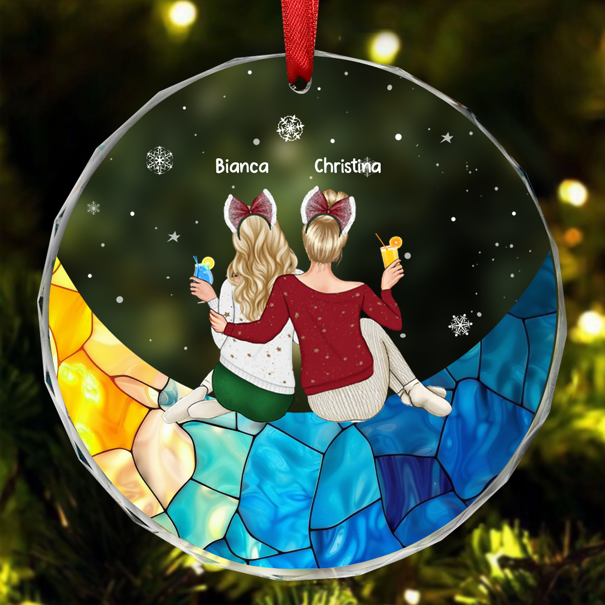 Christmas Besties Sister Sitting On The Moon - Personalized Circle Ornament