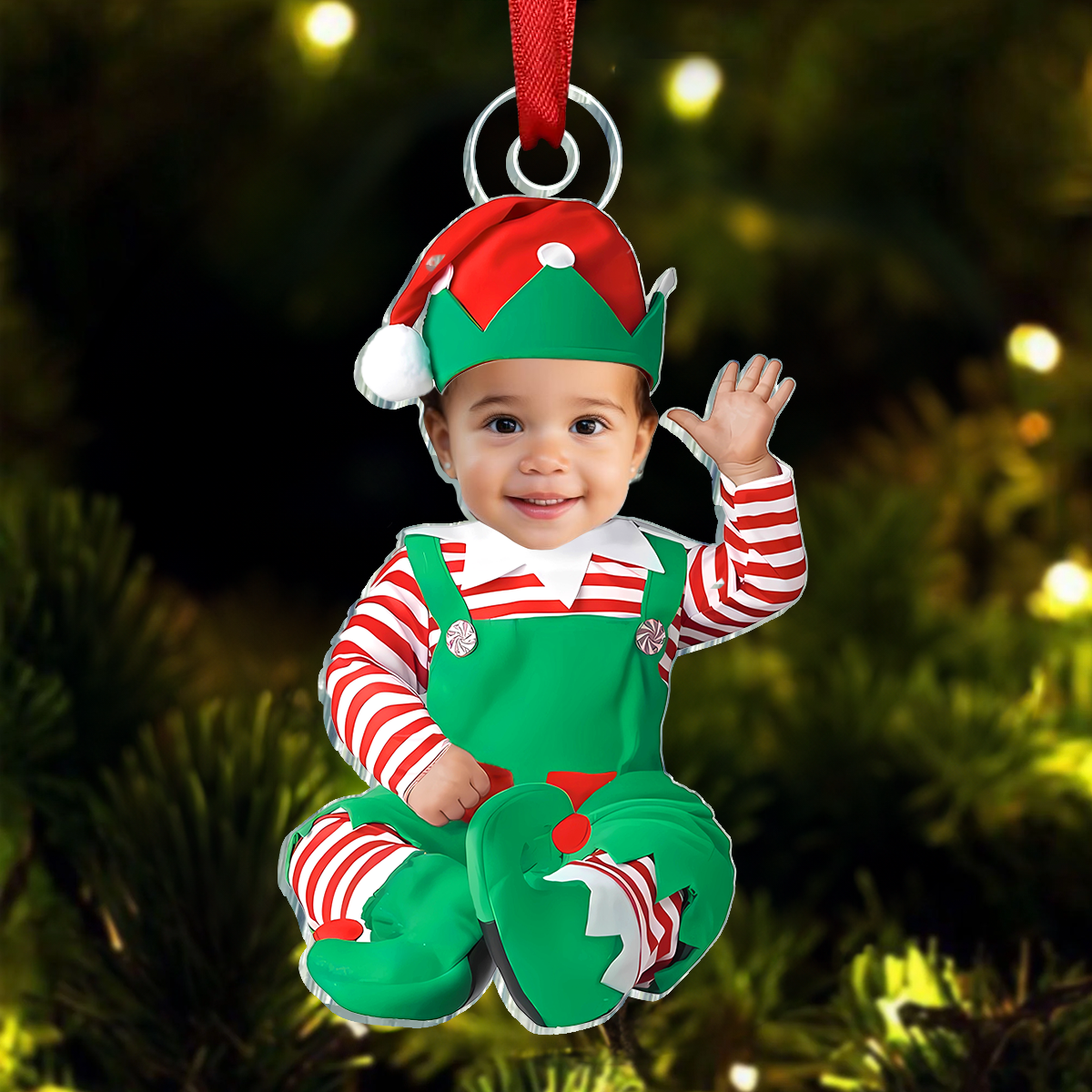 Adorable Newborn Baby Elf - Personalized Babys Photo First Christmas Ornament