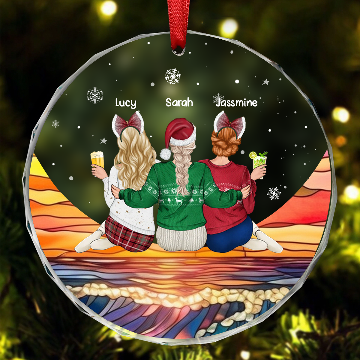 Christmas Besties Sister Sitting On The Moon - Personalized Circle Ornament