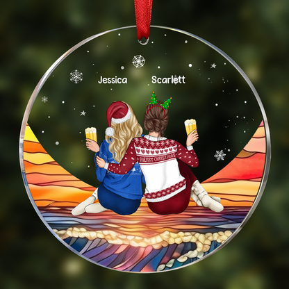 Christmas Besties Sister Sitting On The Moon - Personalized Circle Ornament