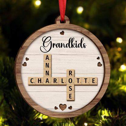 Grandkids Crossword Puzzle Art - Personalized Wooden Ornament