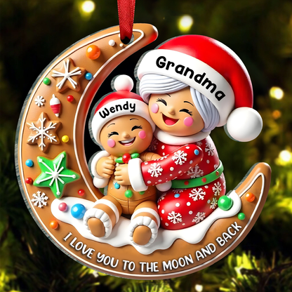 3D Effect Gingerbread Grandma Hugging Grandkid On Moon Christmas Personalized Acrylic Ornament, Meaningful Gift For Granddaughter, Grandson