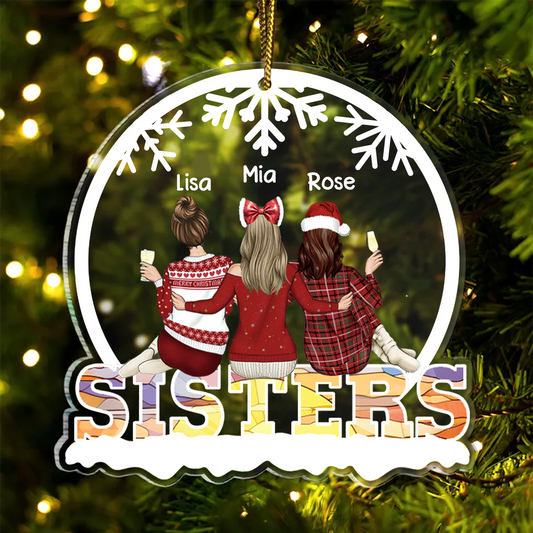 Christmas Besties Sisters Sitting Together - Personalized Custom Shaped Acrylic Ornament