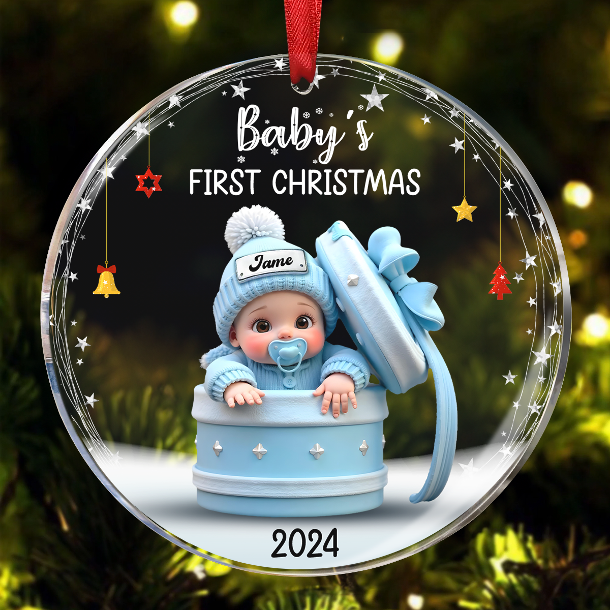 Baby Inside Gift Box Personalized Glass Ornament, Baby First Christmas Keepsake