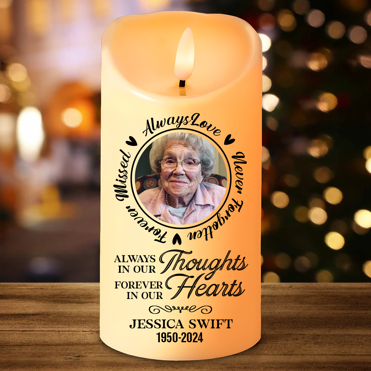 Custom Photo Always In Our Thoughts - Memorial Personalized Custom LED Candle - Christmas Gift, Sympathy Gift For Family Members