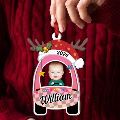 Custom Photo Cute Baby First Christmas Car - Personalized Cutout Acrylic Ornament