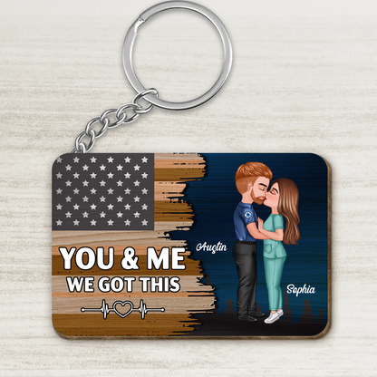 Hero Couple Kissing Half Flag Gift by Occupation Firefighter, Nurse, Police Officer Personalized Wooden Keychain