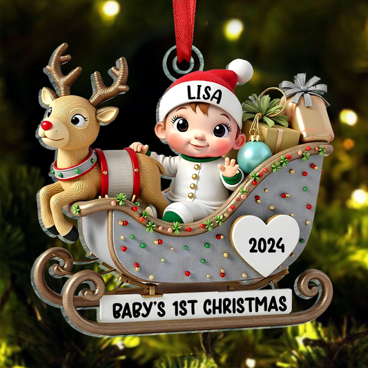 Baby First Christmas Newborn On Sleigh Keepsake Personalized Acrylic Ornament