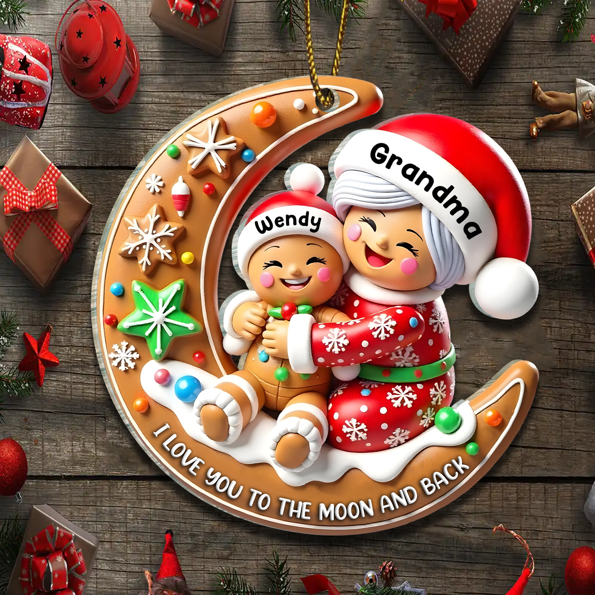 3D Effect Gingerbread Grandma Hugging Grandkid On Moon Christmas Personalized Acrylic Ornament, Meaningful Gift For Granddaughter, Grandson