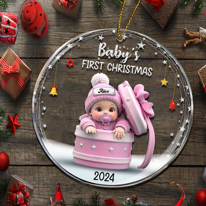 Baby Inside Gift Box Personalized Glass Ornament, Baby First Christmas Keepsake