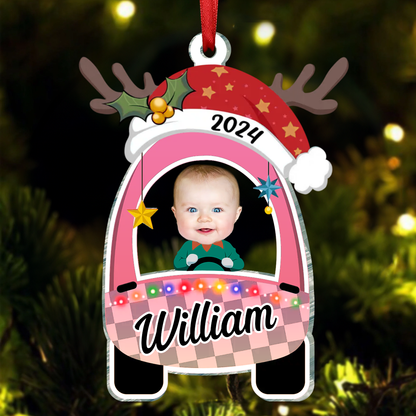 Custom Photo Cute Baby First Christmas Car - Personalized Cutout Acrylic Ornament