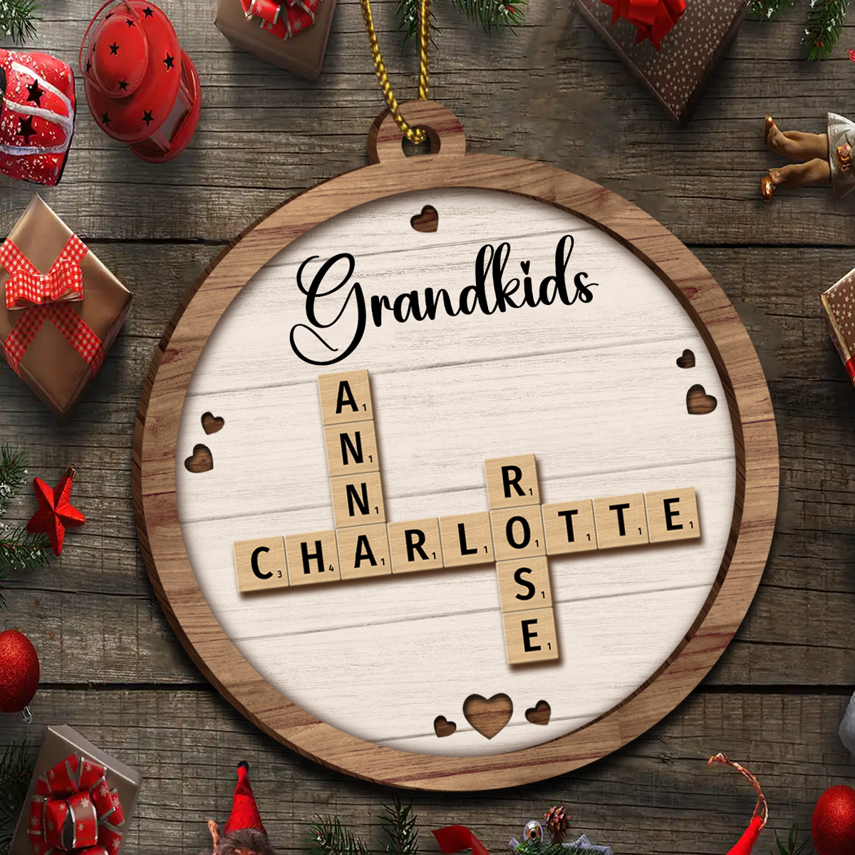 Grandkids Crossword Puzzle Art - Personalized Wooden Ornament