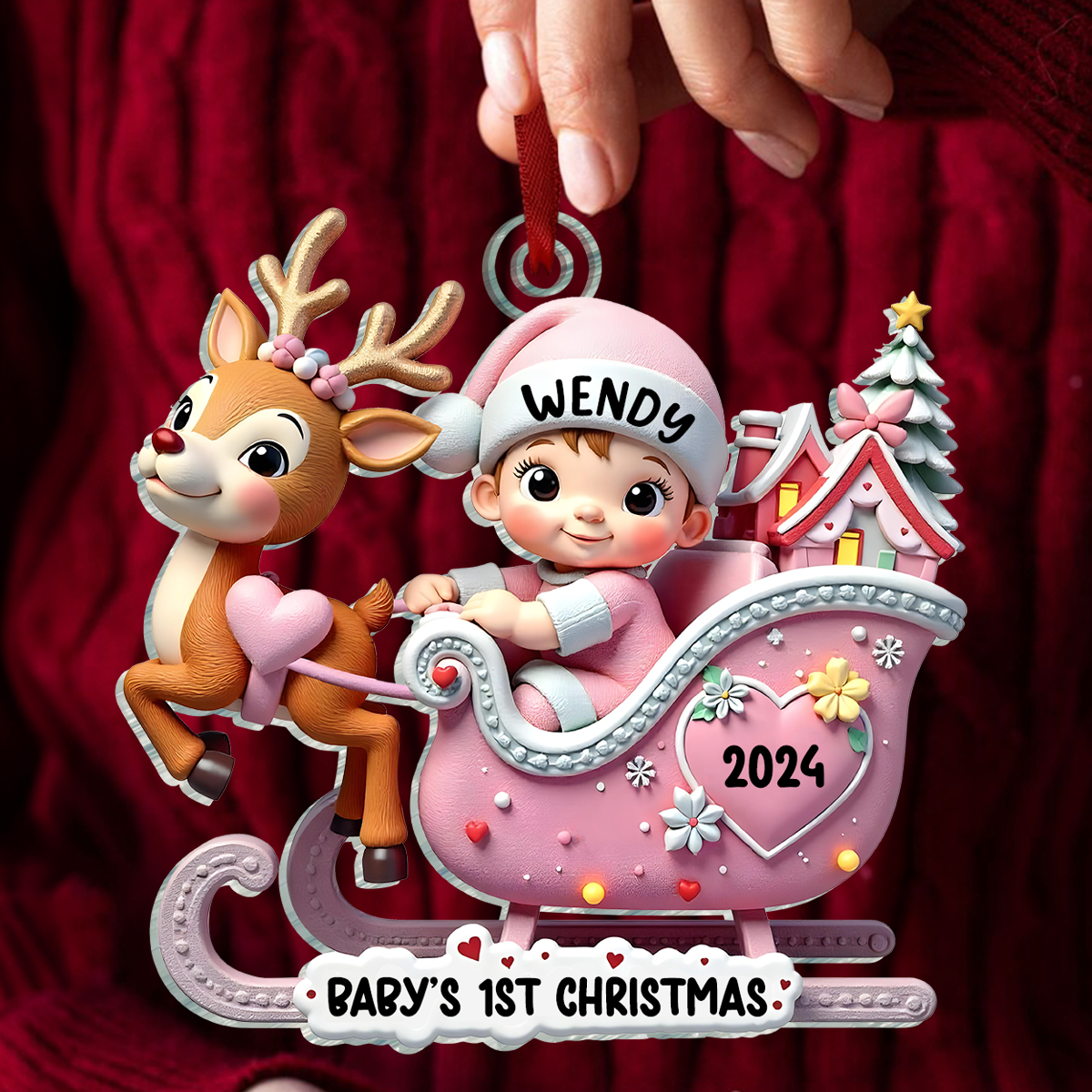 Baby First Christmas Newborn On Sleigh Keepsake Personalized Acrylic Ornament