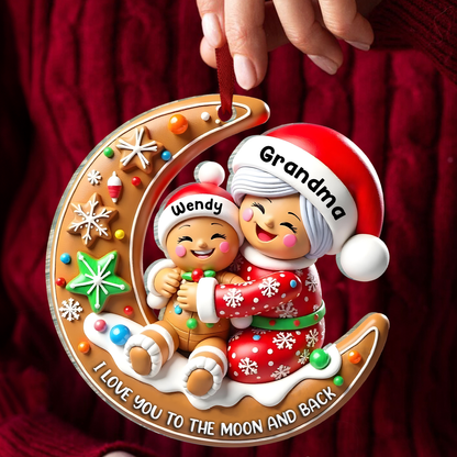 3D Effect Gingerbread Grandma Hugging Grandkid On Moon Christmas Personalized Acrylic Ornament, Meaningful Gift For Granddaughter, Grandson