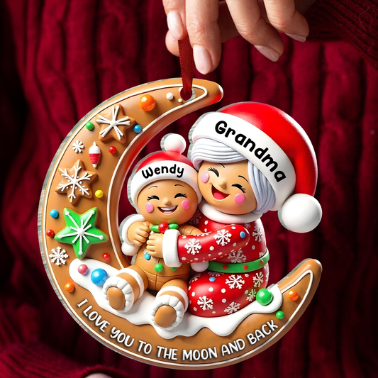 3D Effect Gingerbread Grandma Hugging Grandkid On Moon Christmas Personalized Acrylic Ornament, Meaningful Gift For Granddaughter, Grandson