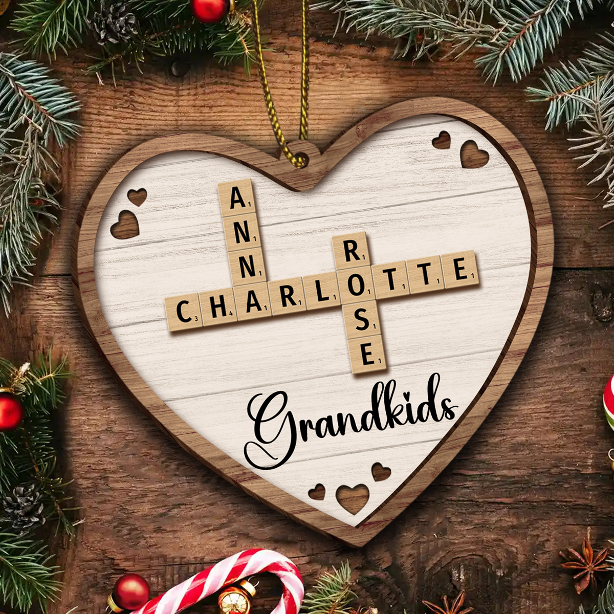 Grandkids Crossword Puzzle Art - Personalized Wooden Ornament