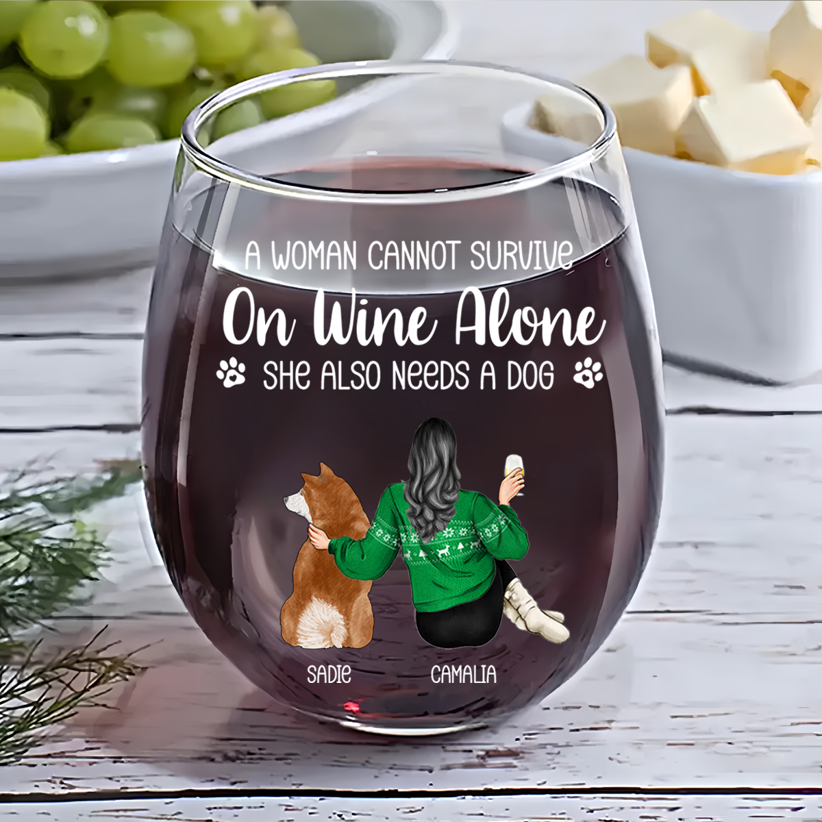 A Woman Cannot Survive On Wine Alone Dog Mom - Personalized Stemless Wine Glass