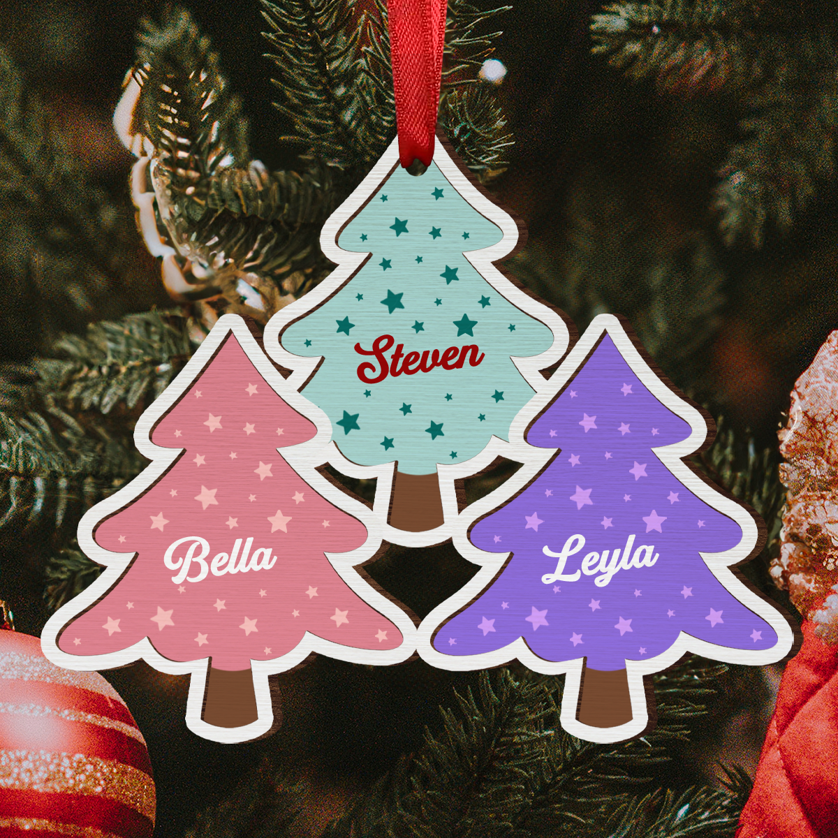 Christmas Trees Custom Names For Family, Grandkids, Friends - Personalized Wooden Ornament