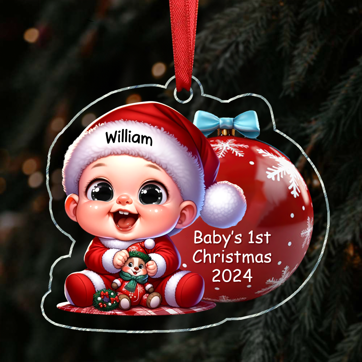 Baby Beside Christmas Bauble 3D Effect Baby's First Christmas Personalized Acrylic Ornament