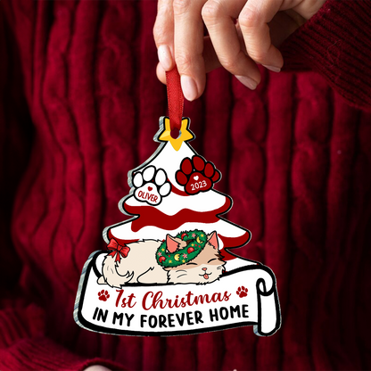 Lying Cat First Christmas In My Forever Home - Personalized Cutout Acrylic Ornament