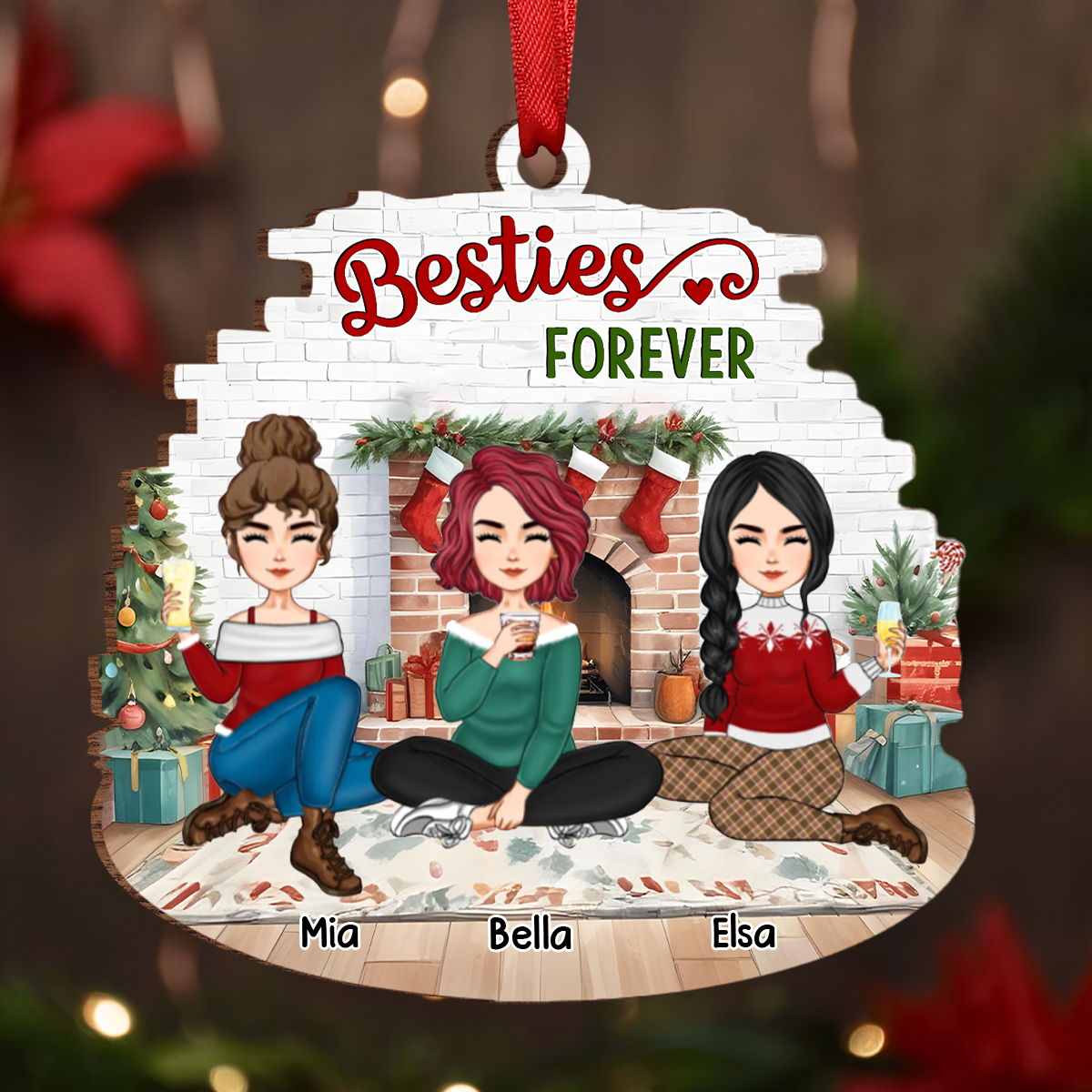 Christmas Besties Forever - Personalized Custom Shaped Wooden Ornament