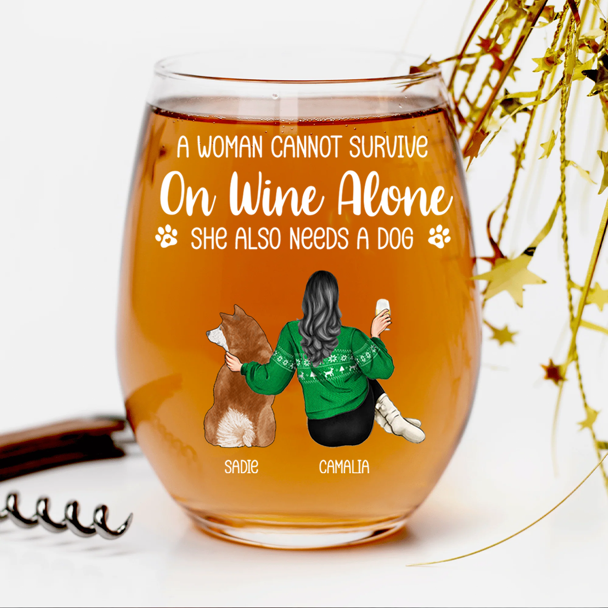 A Woman Cannot Survive On Wine Alone Dog Mom - Personalized Stemless Wine Glass