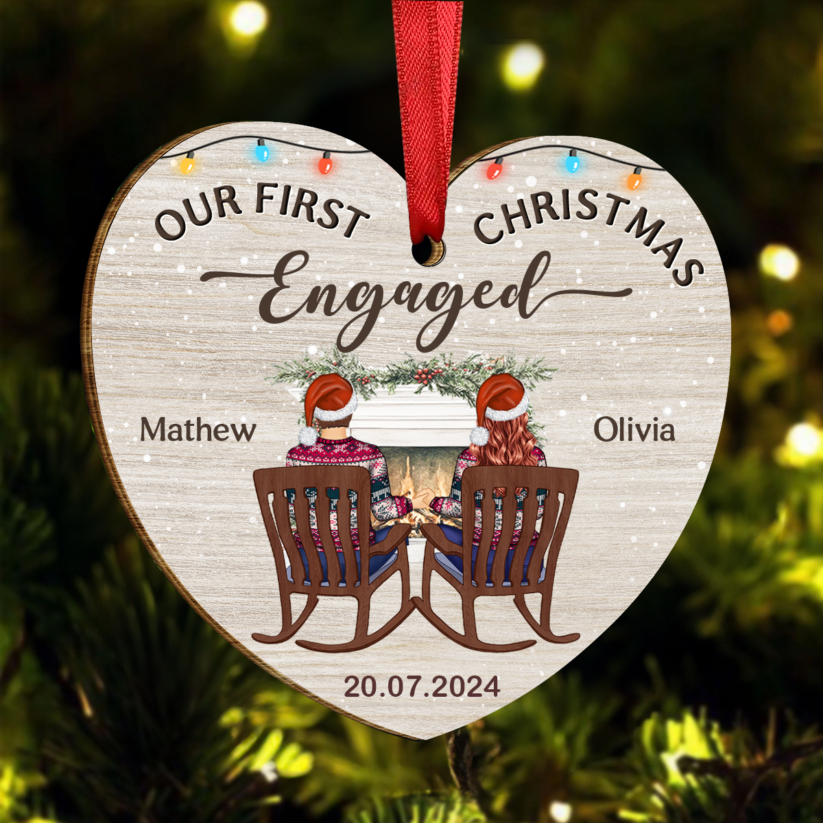 First Christmas Engaged Couples - Personalized Custom Shaped Wooden Ornament