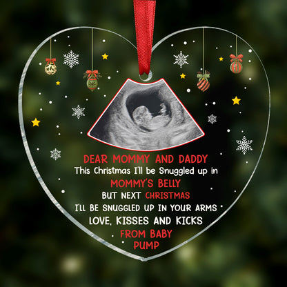 Custom Photo This Christmas I'll Be Snuggled Up Newborn Baby - Personalized Heart Shaped Acrylic Ornament