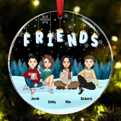 Friends Besties Sisters Sitting Together Cartoon - Personalized Circle Ornament