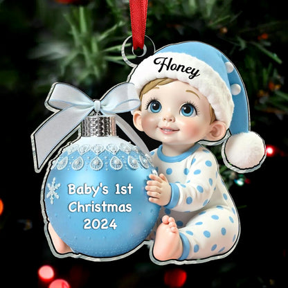 Baby Holding Christmas Bauble 3D Effect Baby's First Christmas Personalized Acrylic Flat Ornament