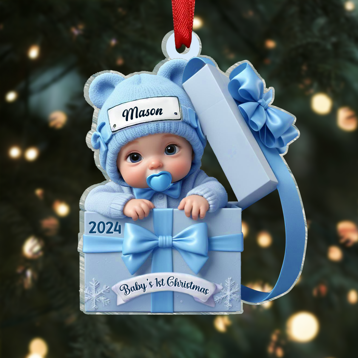 Baby Inside Gift Box 3D Effect Personalized Acrylic Ornament, Lovely Keepsake to Celebrate Baby's First Christmas