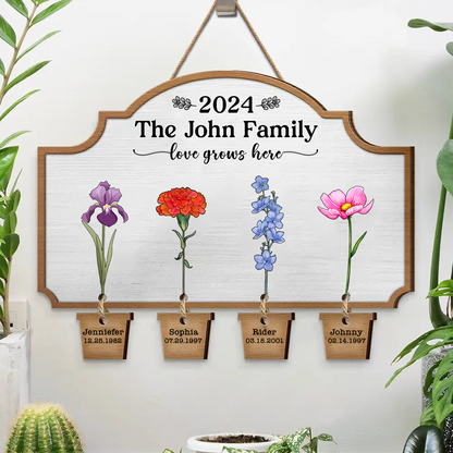 Birth Flower Love Grows Here - Personalized Custom Shaped Wood Sign With Wooden Tags