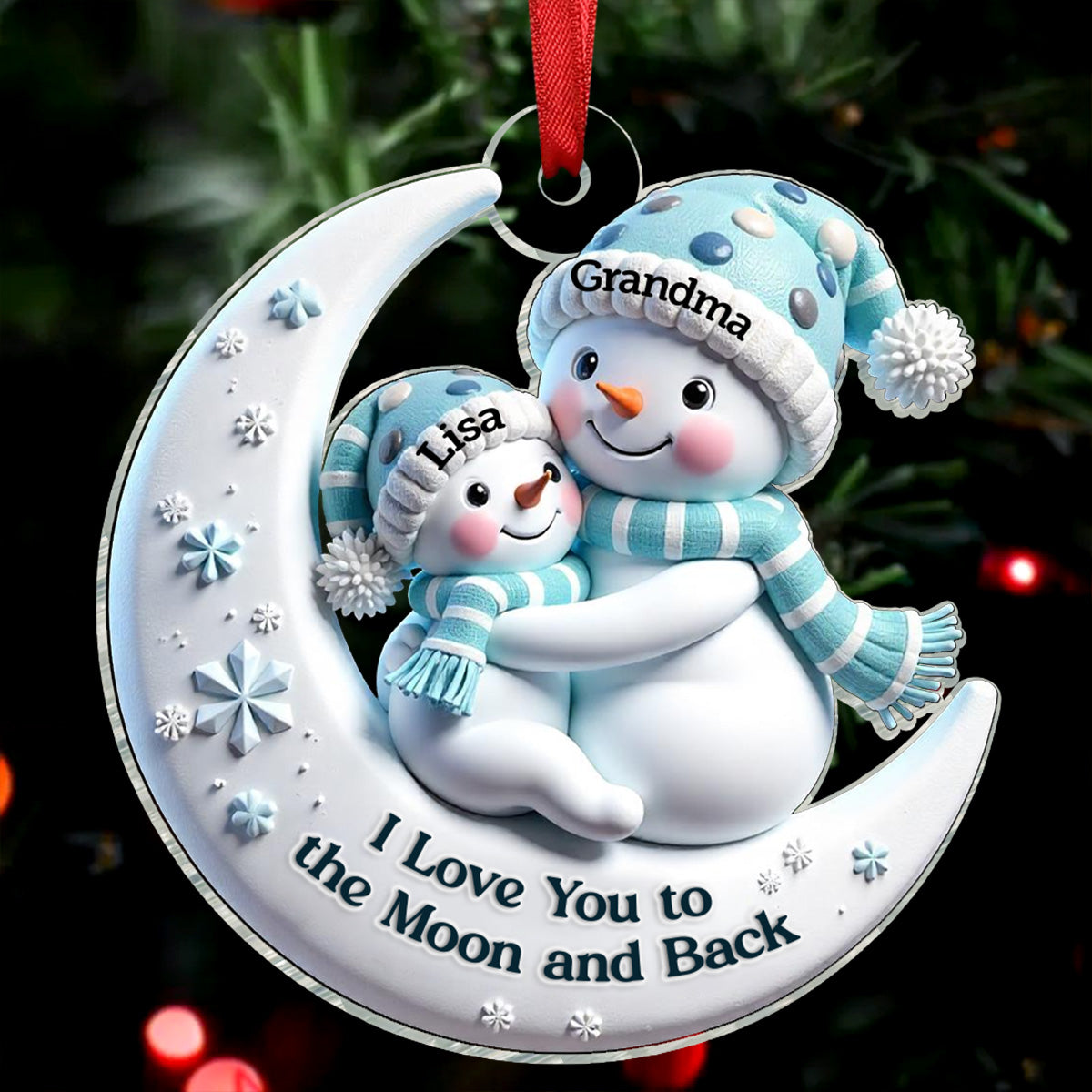 3D Effect Snowman Grandma & Hugging Grandkid On The Moon Personalized Acrylic Ornament, Christmas Gift For Granddaughter, Grandson