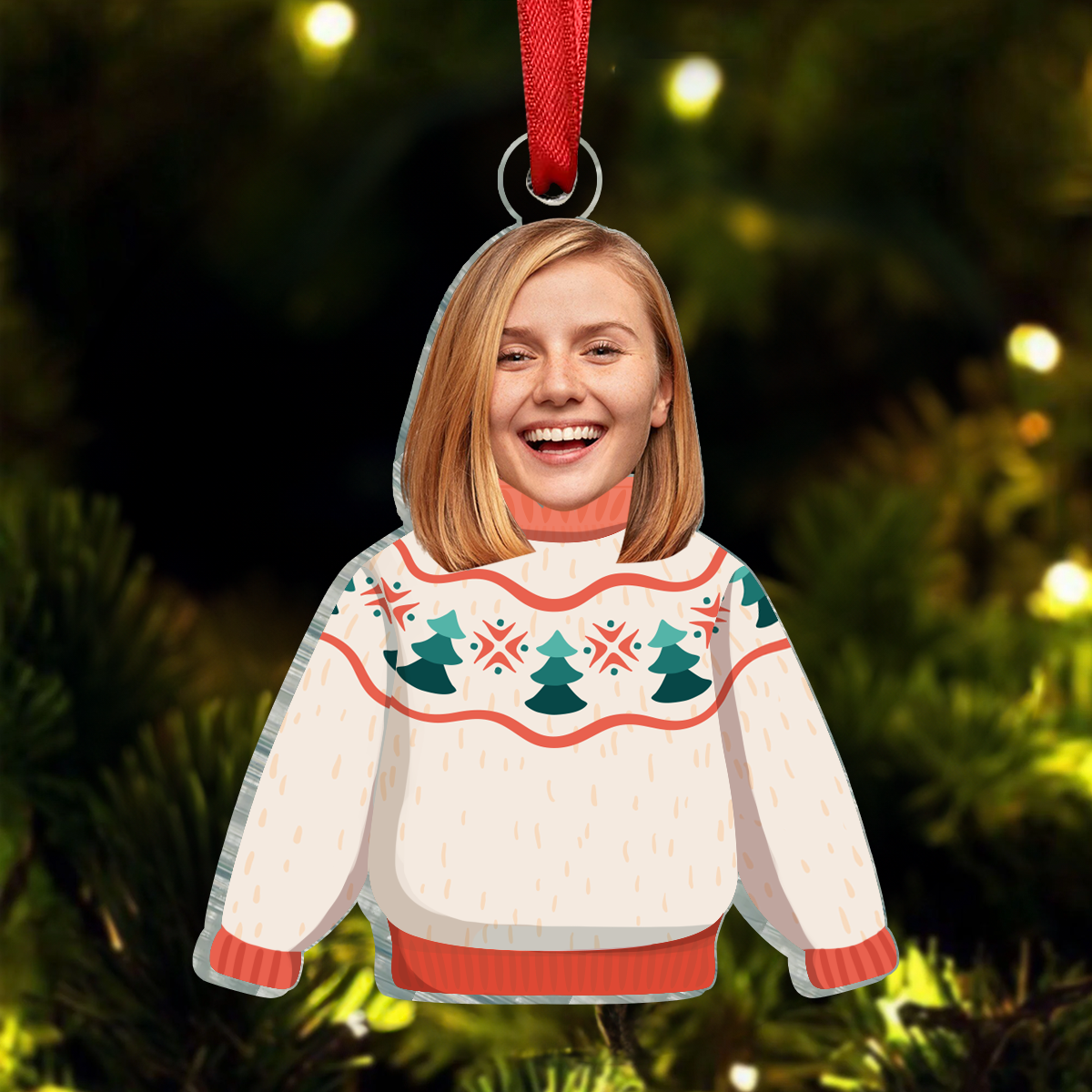 Custom Photo Funny Family Faces Hanging Christmas Sweater - Personalized Cutout Acrylic Ornament