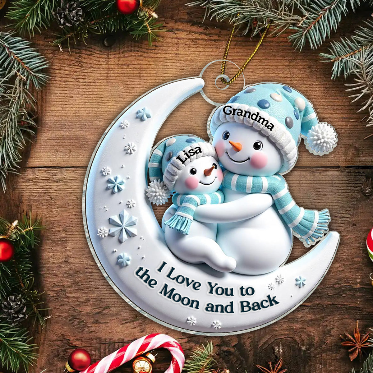 3D Effect Snowman Grandma & Hugging Grandkid On The Moon Personalized Acrylic Ornament, Christmas Gift For Granddaughter, Grandson