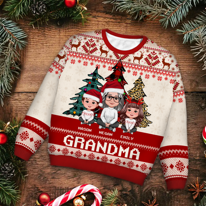 Leopard Checkered Pattern Grandma Grandkids Christmas Personalized Faux Knitting Ugly Sweater