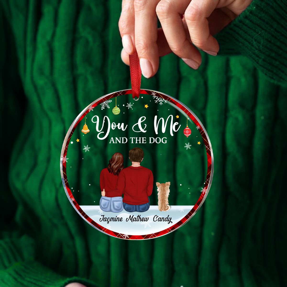 You & Me & The Dog Christmas Couple - Personalized Circle Acrylic Ornament