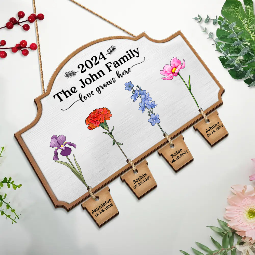 Birth Flower Love Grows Here - Personalized Custom Shaped Wood Sign With Wooden Tags