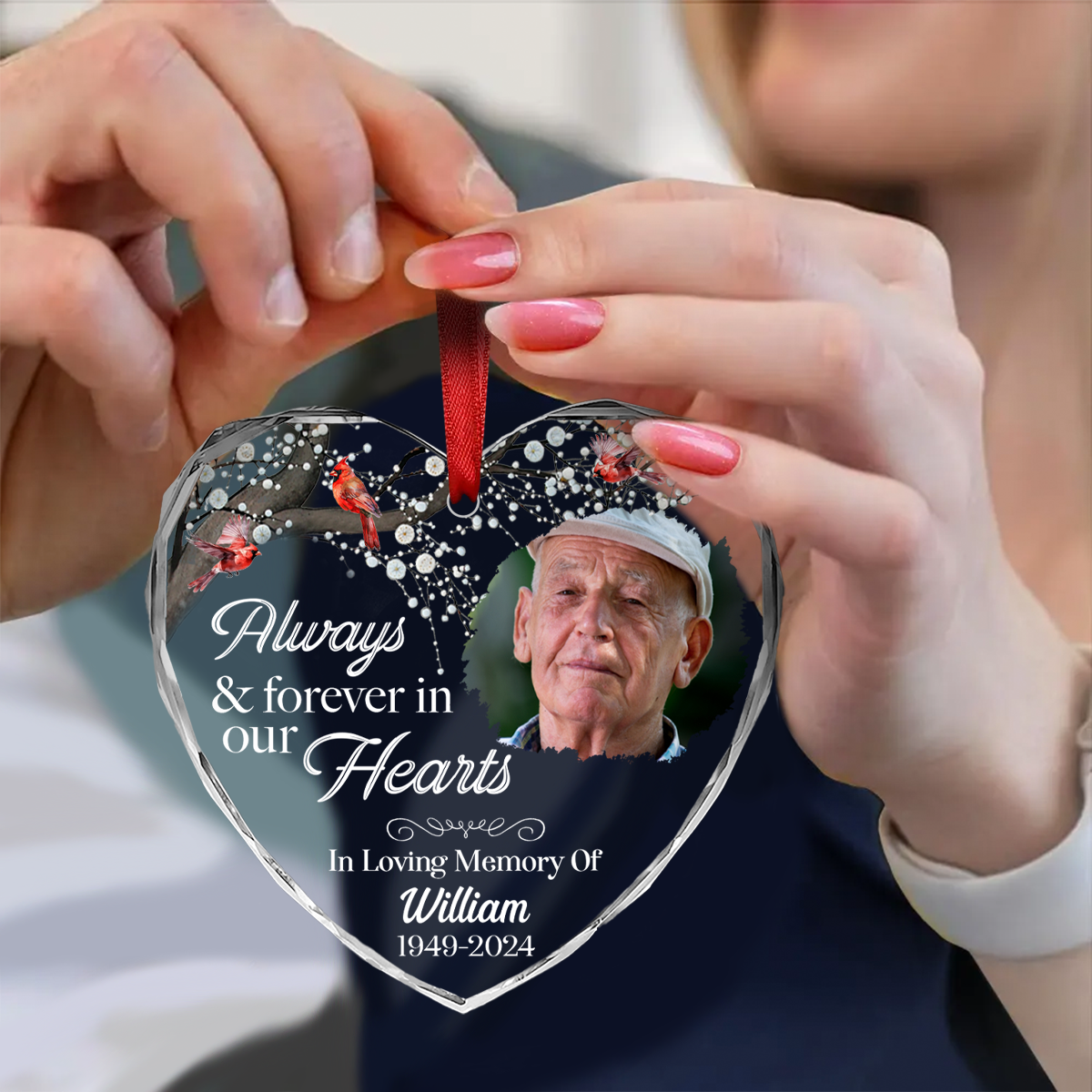 Custom Photo Always And Forever In Our Hearts Memorial - Personalized Heart Shaped Acrylic Ornament