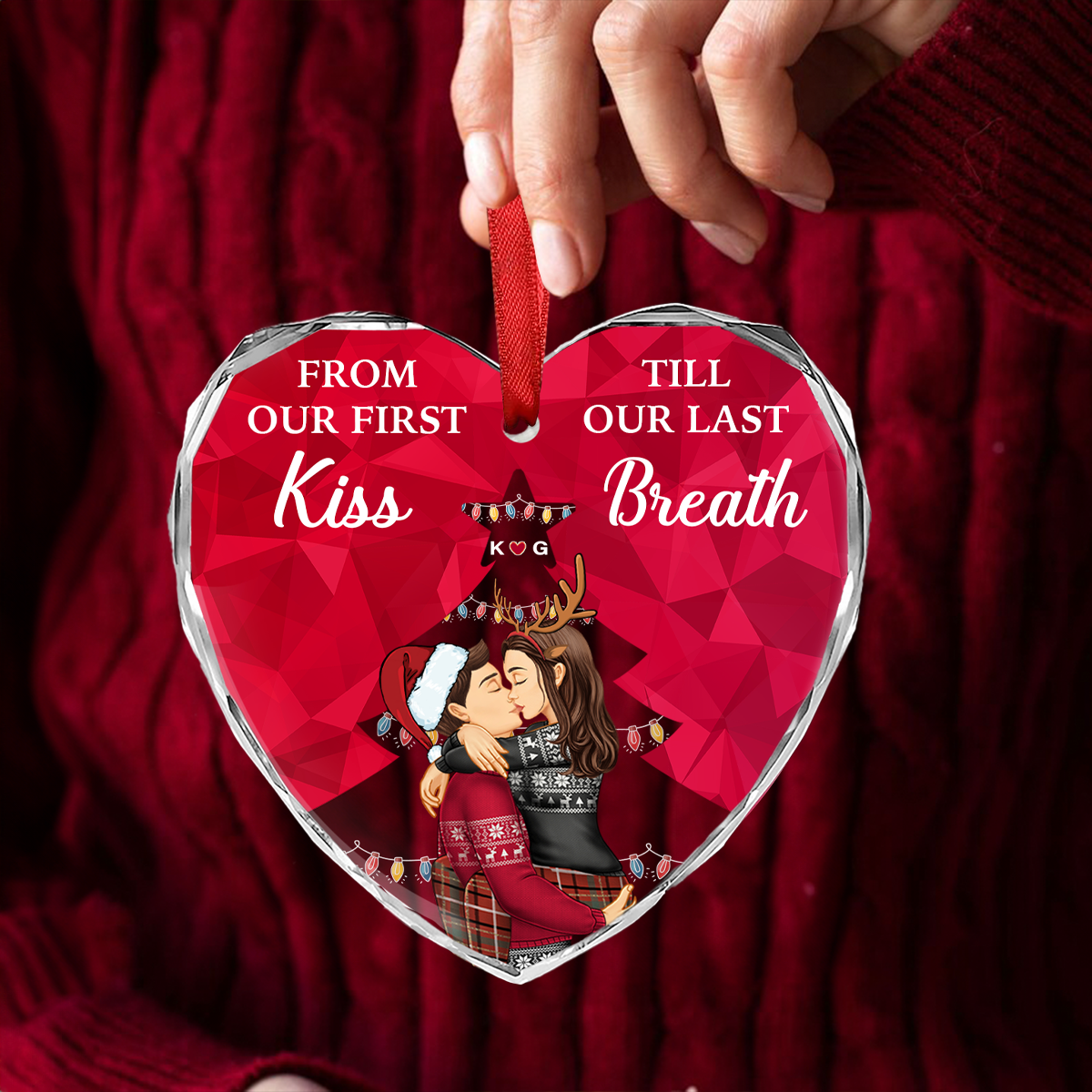 From Our First Kiss Till Our Last Breath Christmas Couple - Personalized Heart Shaped Acrylic Ornament