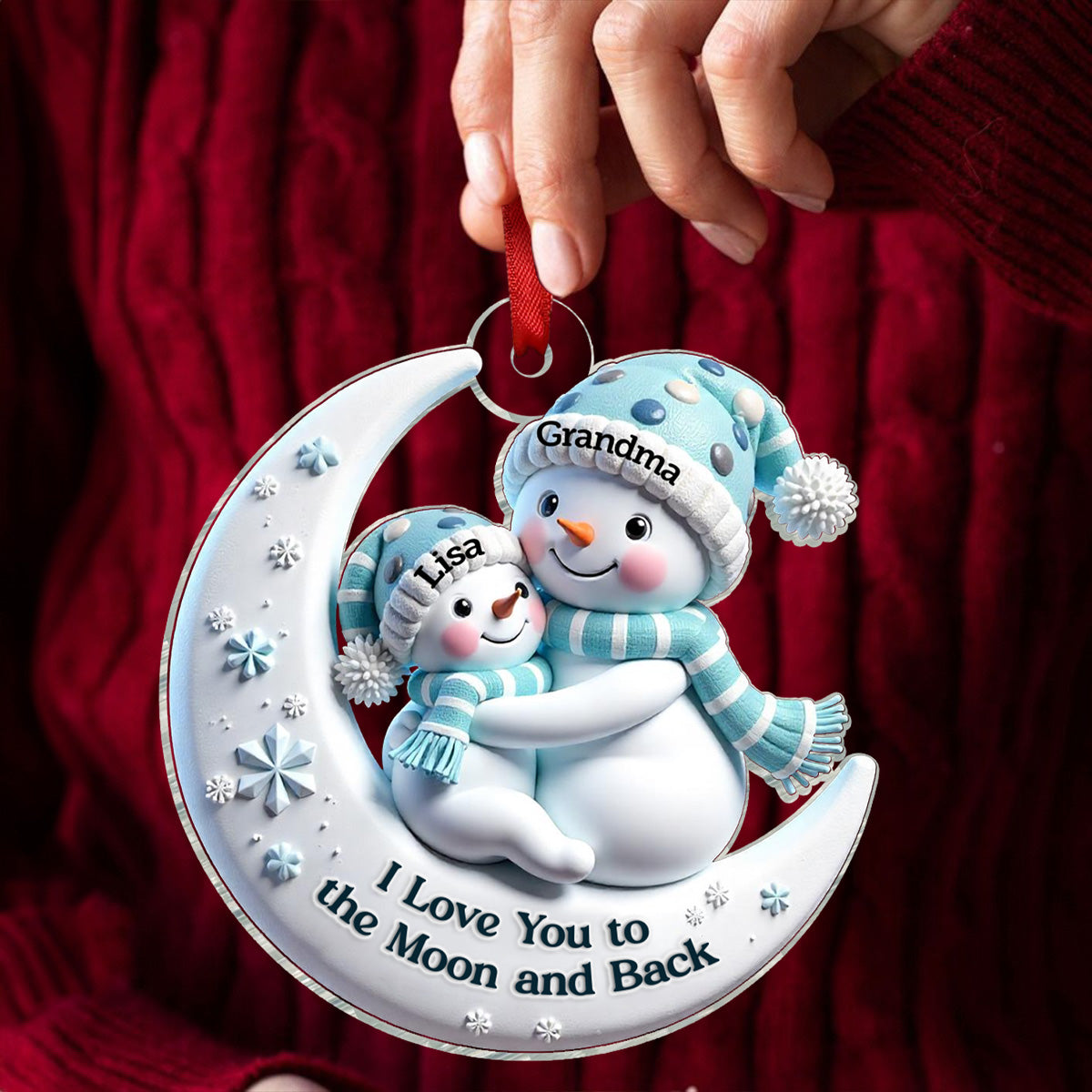 3D Effect Snowman Grandma & Hugging Grandkid On The Moon Personalized Acrylic Ornament, Christmas Gift For Granddaughter, Grandson