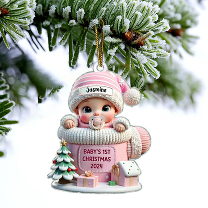 Baby In Mitten 3D Effect Baby's First Christmas Personalized Acrylic Flat Ornament