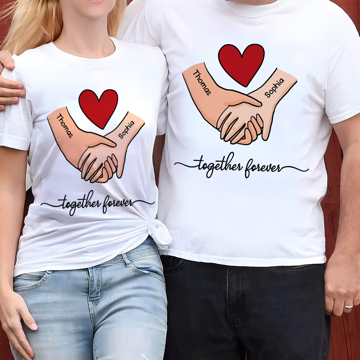 Personalized Couple Holding Hands Red Heart Shirt, Valentine's Day Gift, Anniversary Gift for Him for Her